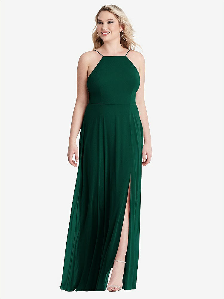 【STYLE: LB010】High Neck Chiffon Maxi Dress with Front Slit - Lela【COLOR: Hunter Green】