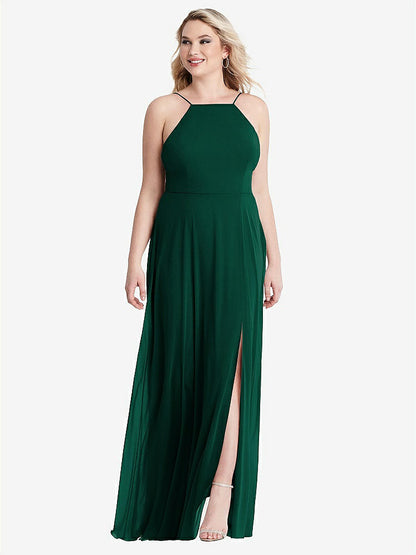 【STYLE: LB010】High Neck Chiffon Maxi Dress with Front Slit - Lela【COLOR: Hunter Green】