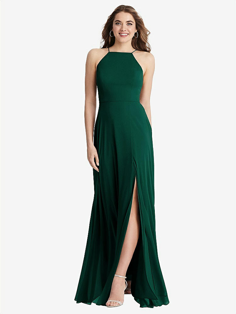 【STYLE: LB010】High Neck Chiffon Maxi Dress with Front Slit - Lela【COLOR: Hunter Green】