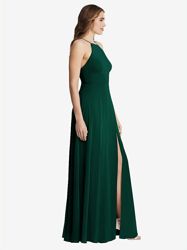 【STYLE: LB010】High Neck Chiffon Maxi Dress with Front Slit - Lela【COLOR: Hunter Green】