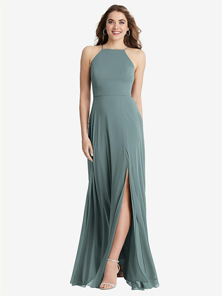 【STYLE: LB010】High Neck Chiffon Maxi Dress with Front Slit - Lela【COLOR: Icelandic】