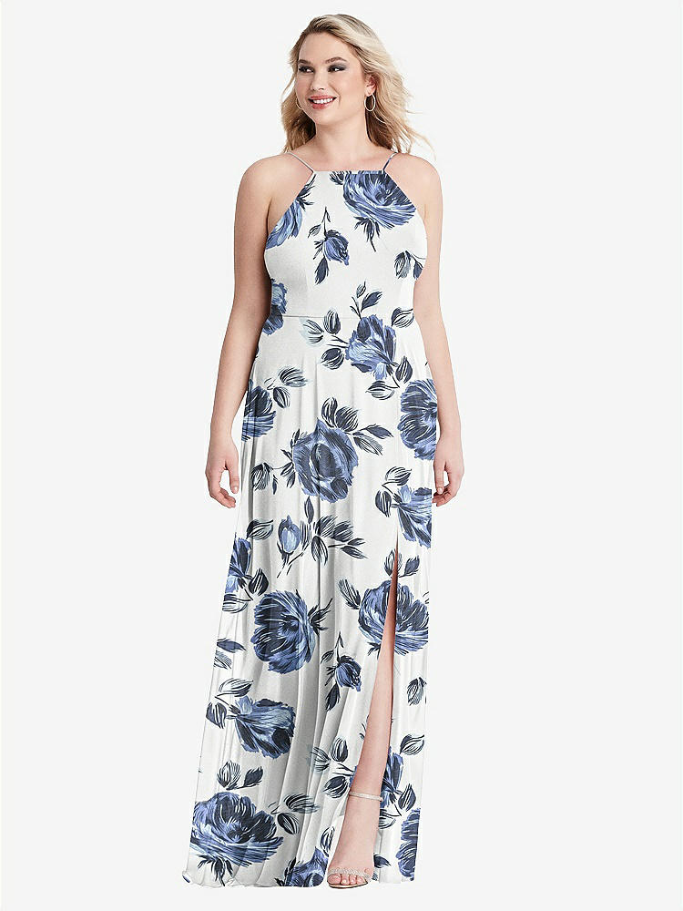 【STYLE: LB010】High Neck Chiffon Maxi Dress with Front Slit - Lela【COLOR: Indigo Rose】