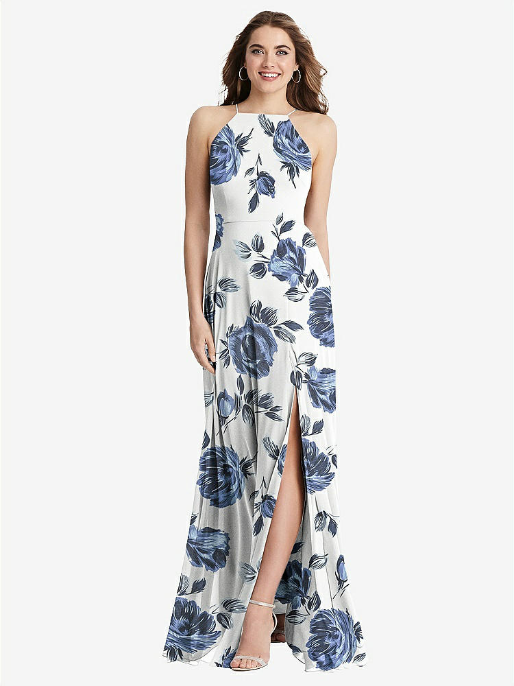 【STYLE: LB010】High Neck Chiffon Maxi Dress with Front Slit - Lela【COLOR: Indigo Rose】