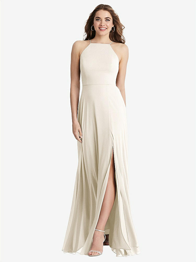 【STYLE: LB010】High Neck Chiffon Maxi Dress with Front Slit - Lela【COLOR: Ivory】