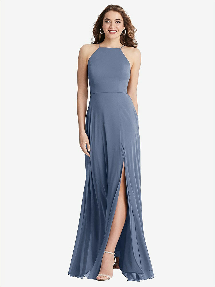 【STYLE: LB010】High Neck Chiffon Maxi Dress with Front Slit - Lela【COLOR: Larkspur Blue】