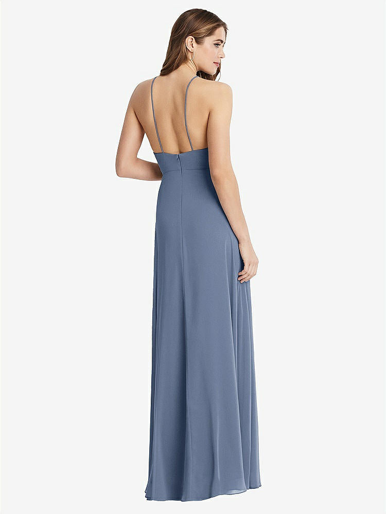 【STYLE: LB010】High Neck Chiffon Maxi Dress with Front Slit - Lela【COLOR: Larkspur Blue】