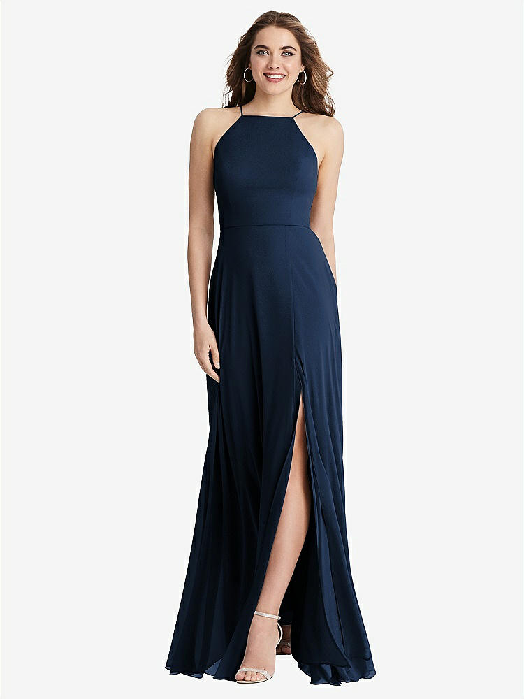 【STYLE: LB010】High Neck Chiffon Maxi Dress with Front Slit - Lela【COLOR: Midnight Navy】