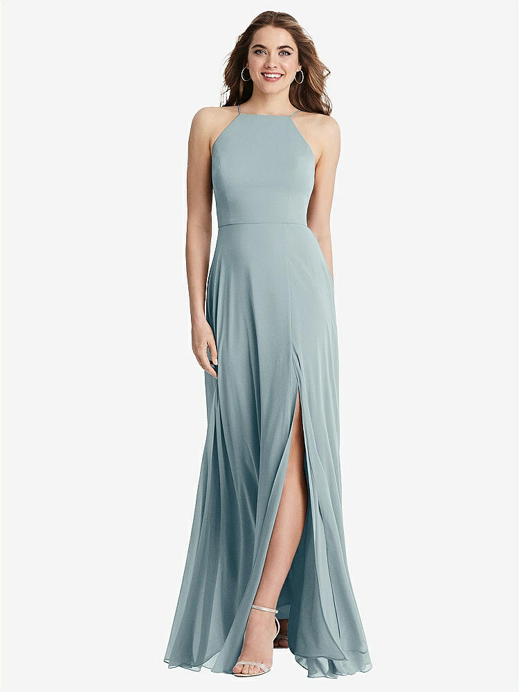 【STYLE: LB010】High Neck Chiffon Maxi Dress with Front Slit - Lela【COLOR: Morning Sky】