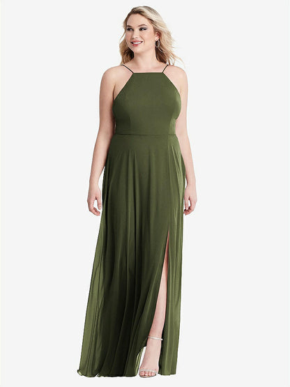 【STYLE: LB010】High Neck Chiffon Maxi Dress with Front Slit - Lela【COLOR: Olive Green】