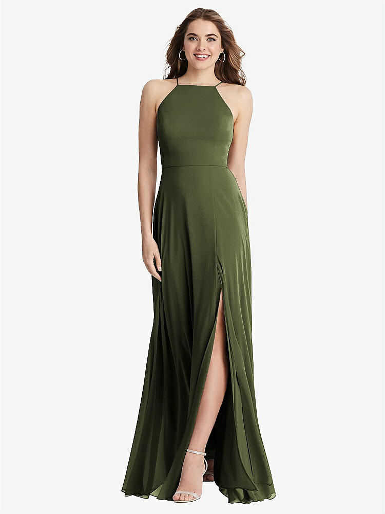 【STYLE: LB010】High Neck Chiffon Maxi Dress with Front Slit - Lela【COLOR: Olive Green】
