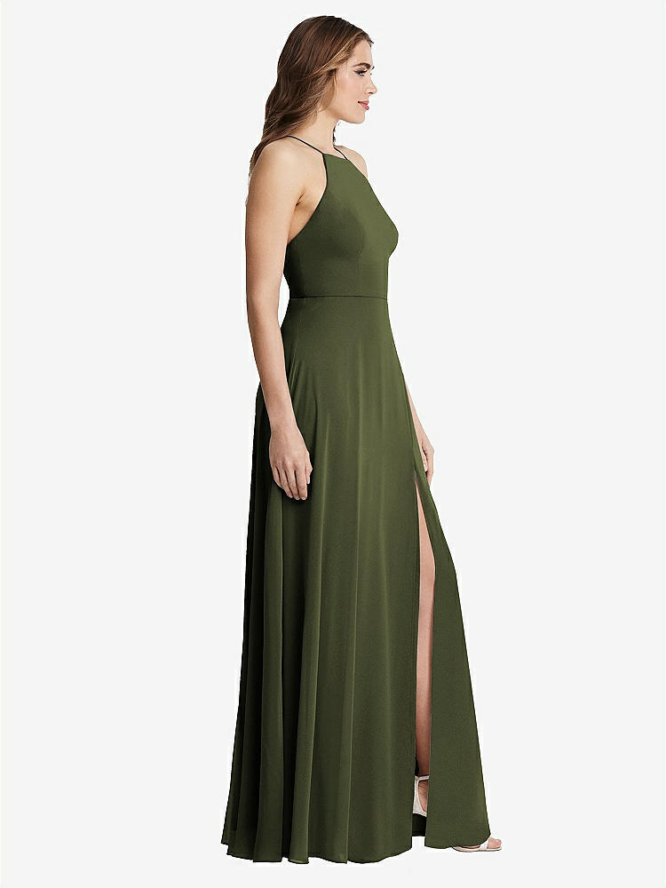 【STYLE: LB010】High Neck Chiffon Maxi Dress with Front Slit - Lela【COLOR: Olive Green】