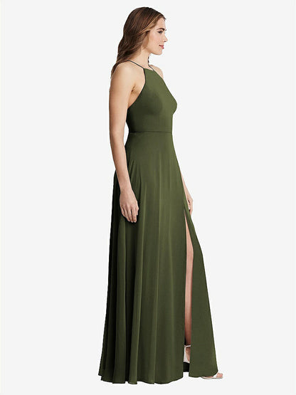 【STYLE: LB010】High Neck Chiffon Maxi Dress with Front Slit - Lela【COLOR: Olive Green】