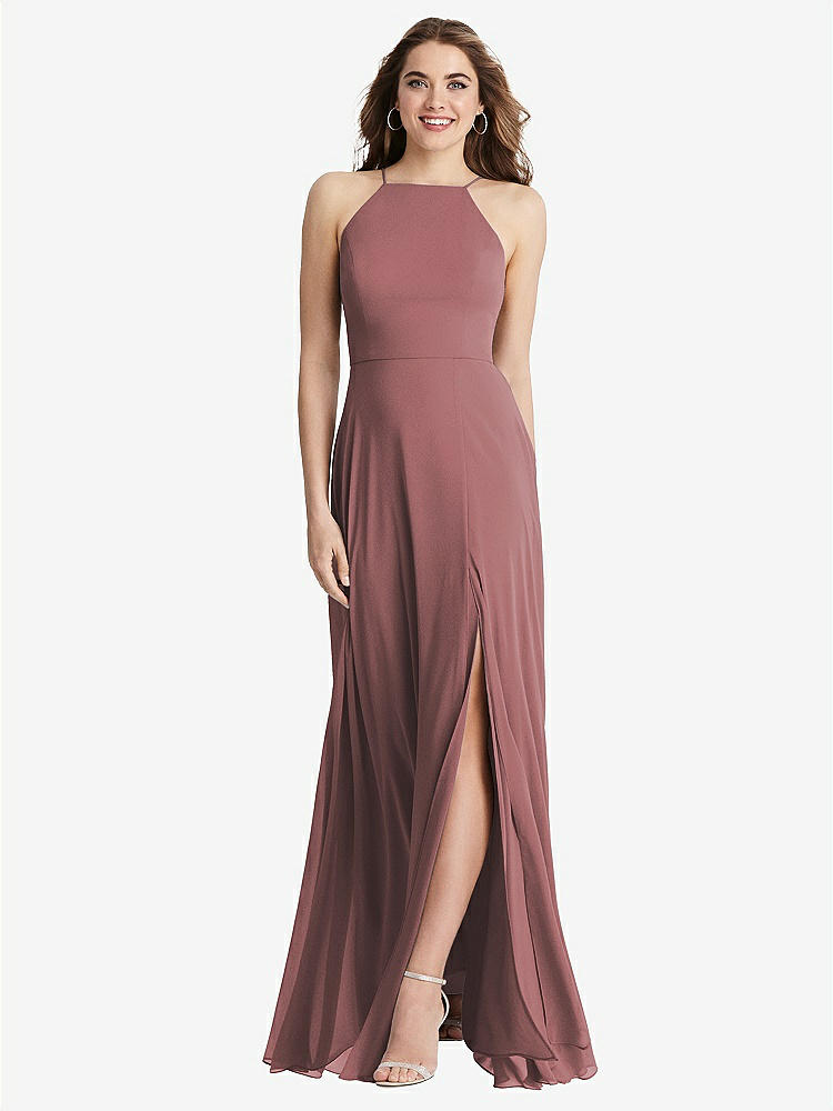 【STYLE: LB010】High Neck Chiffon Maxi Dress with Front Slit - Lela【COLOR: Rosewood】
