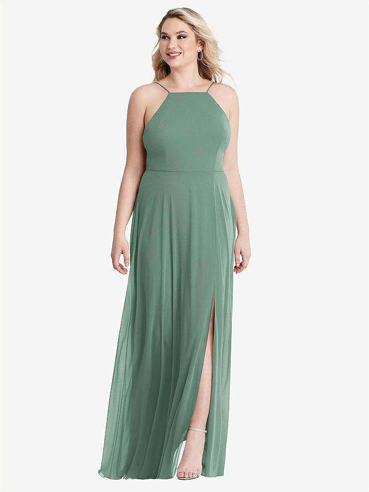 【STYLE: LB010】High Neck Chiffon Maxi Dress with Front Slit - Lela【COLOR: Seagrass】