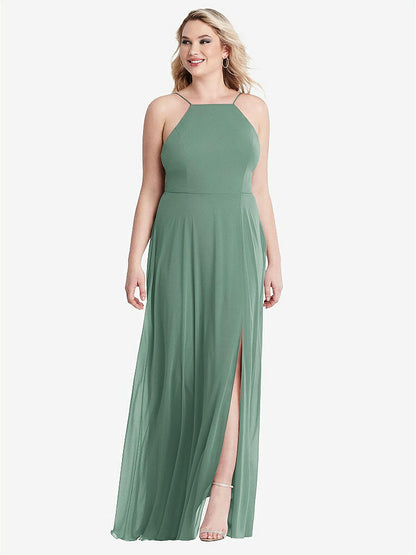 【STYLE: LB010】High Neck Chiffon Maxi Dress with Front Slit - Lela【COLOR: Seagrass】