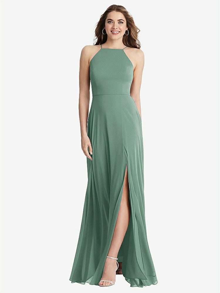 【STYLE: LB010】High Neck Chiffon Maxi Dress with Front Slit - Lela【COLOR: Seagrass】