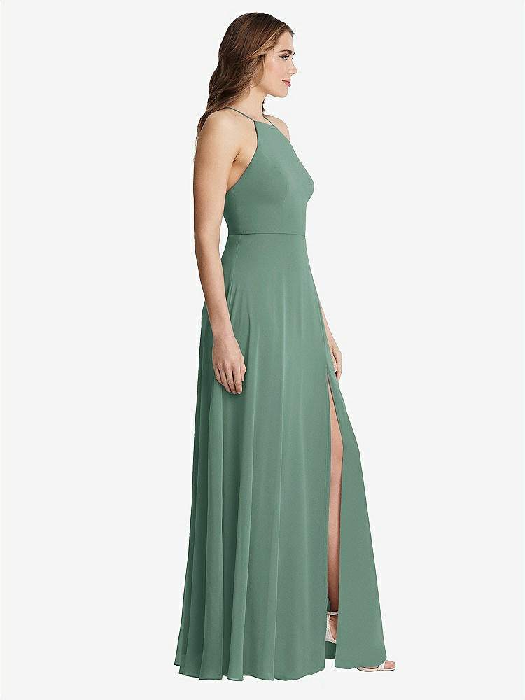 【STYLE: LB010】High Neck Chiffon Maxi Dress with Front Slit - Lela【COLOR: Seagrass】