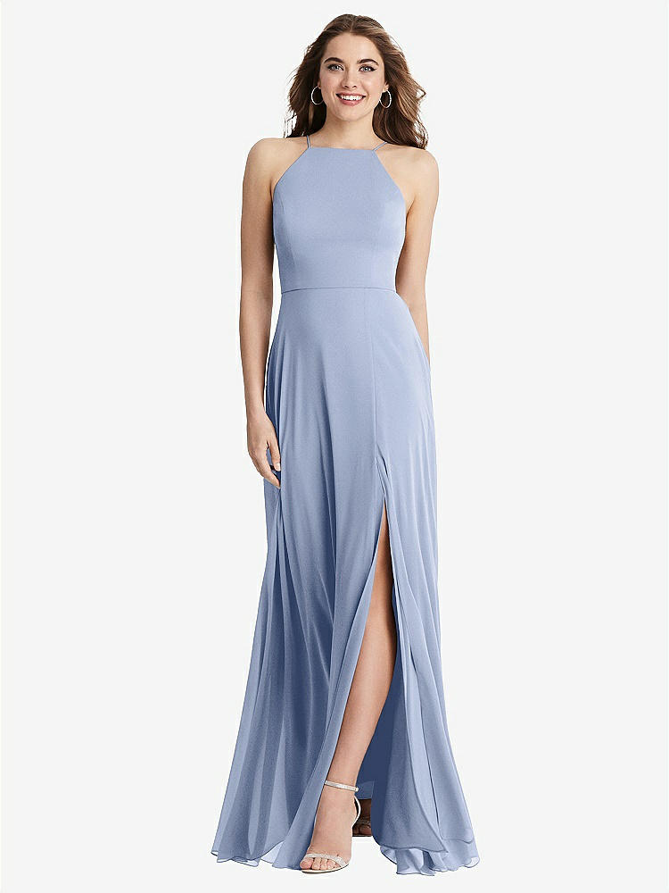 【STYLE: LB010】High Neck Chiffon Maxi Dress with Front Slit - Lela【COLOR: Sky Blue】