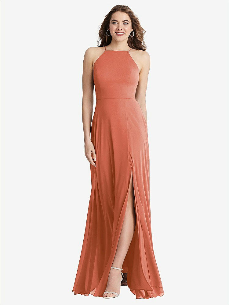 【STYLE: LB010】High Neck Chiffon Maxi Dress with Front Slit - Lela【COLOR: Terracotta Copper】