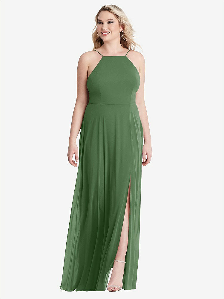 【STYLE: LB010】High Neck Chiffon Maxi Dress with Front Slit - Lela【COLOR: Vineyard Green】