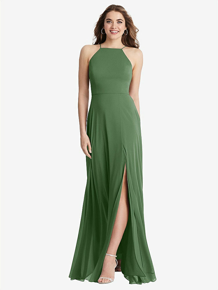 【STYLE: LB010】High Neck Chiffon Maxi Dress with Front Slit - Lela【COLOR: Vineyard Green】