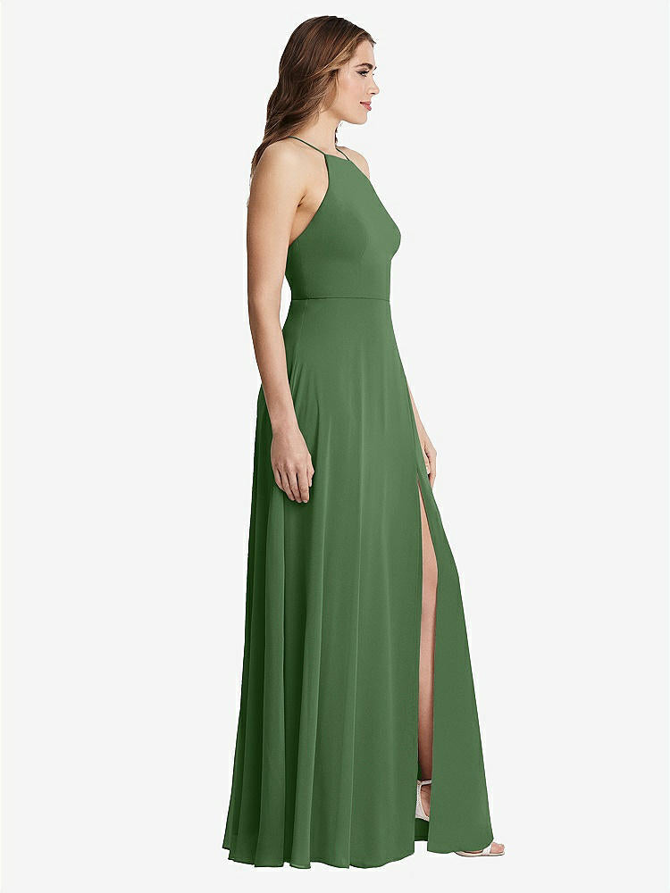 【STYLE: LB010】High Neck Chiffon Maxi Dress with Front Slit - Lela【COLOR: Vineyard Green】