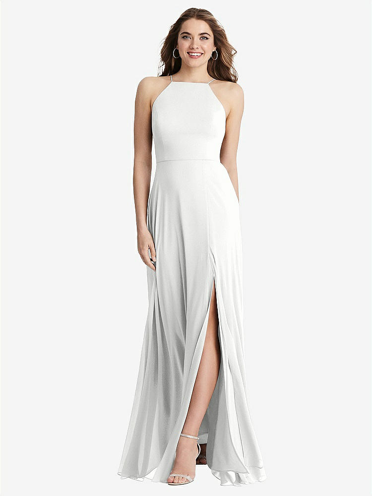 【STYLE: LB010】High Neck Chiffon Maxi Dress with Front Slit - Lela【COLOR: White】