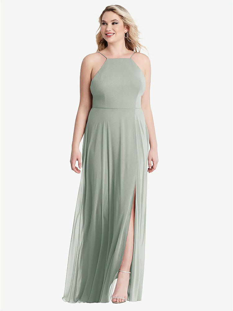 【STYLE: LB010】High Neck Chiffon Maxi Dress with Front Slit - Lela【COLOR: Willow Green】