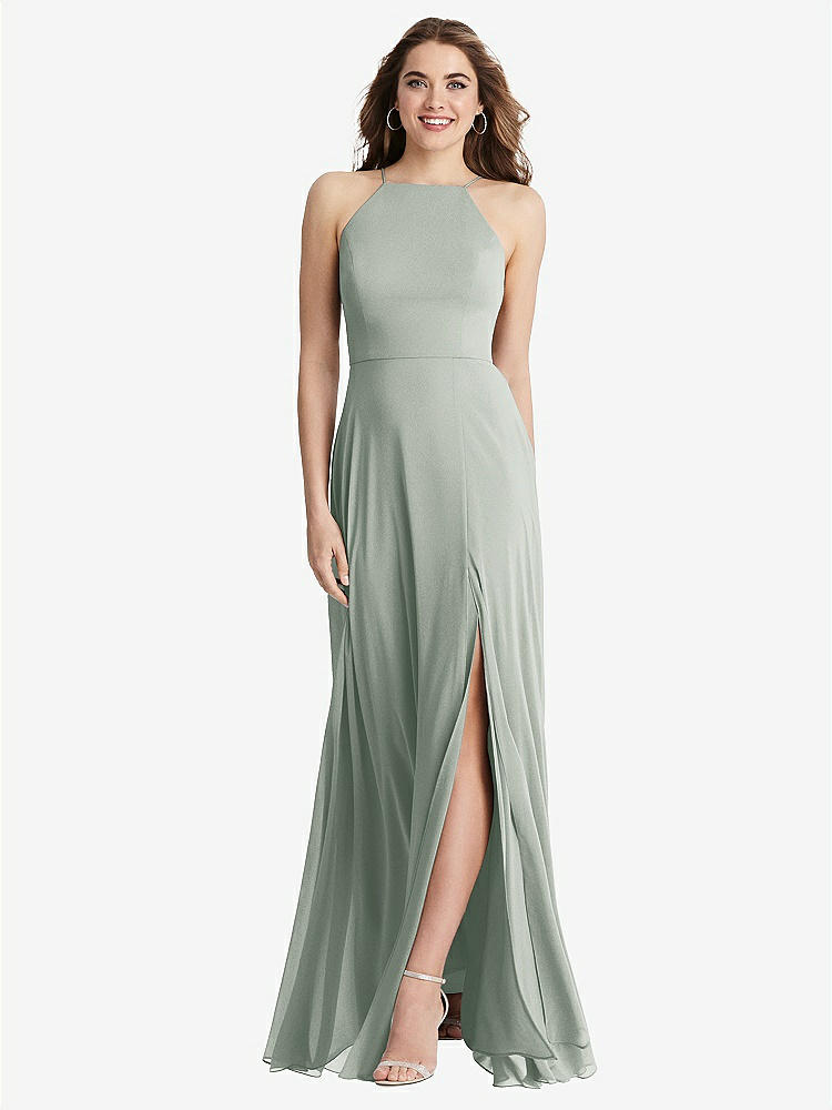 【STYLE: LB010】High Neck Chiffon Maxi Dress with Front Slit - Lela【COLOR: Willow Green】