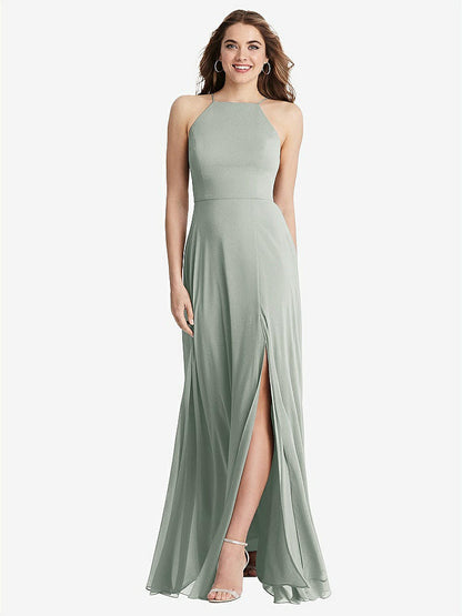 【STYLE: LB010】High Neck Chiffon Maxi Dress with Front Slit - Lela【COLOR: Willow Green】