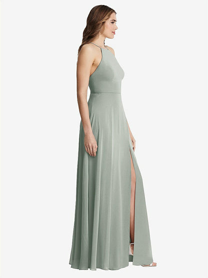 【STYLE: LB010】High Neck Chiffon Maxi Dress with Front Slit - Lela【COLOR: Willow Green】