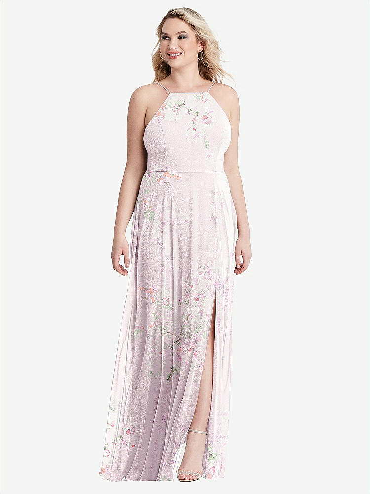 【STYLE: LB010】High Neck Chiffon Maxi Dress with Front Slit - Lela【COLOR: Watercolor Print】