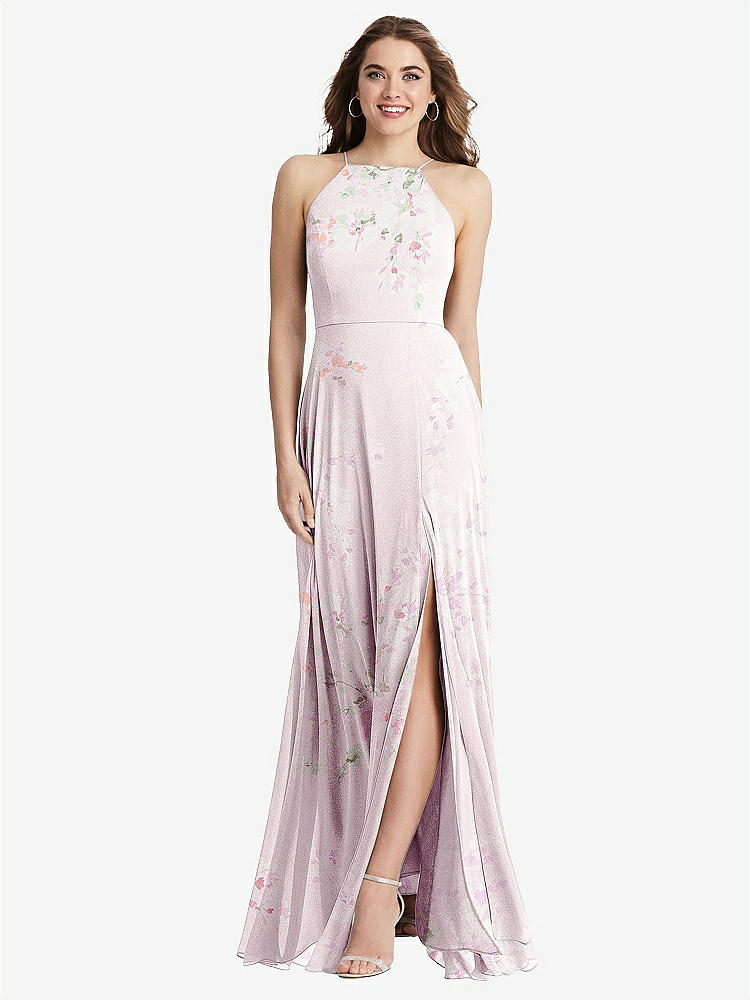 【STYLE: LB010】High Neck Chiffon Maxi Dress with Front Slit - Lela【COLOR: Watercolor Print】