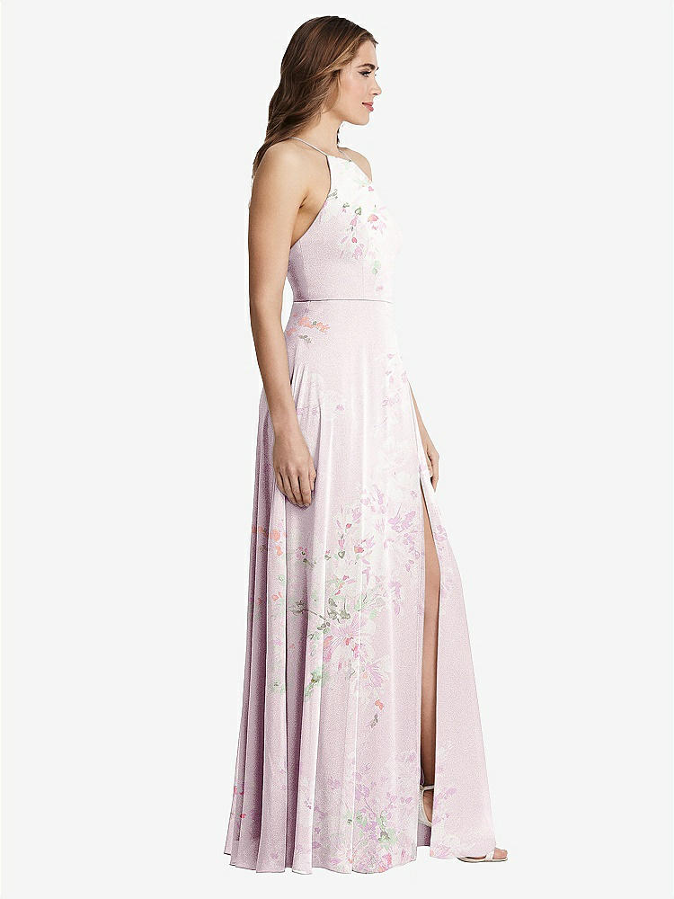 【STYLE: LB010】High Neck Chiffon Maxi Dress with Front Slit - Lela【COLOR: Watercolor Print】