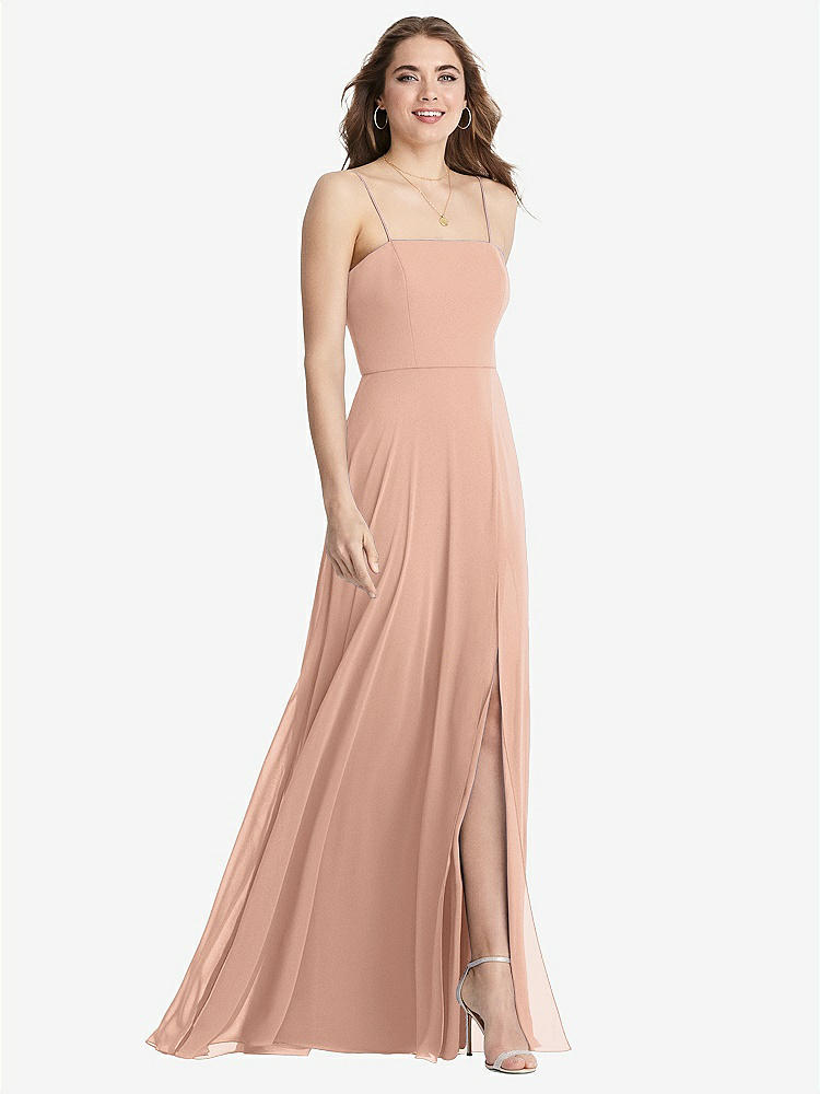 【STYLE: LB012】Square Neck Chiffon Maxi Dress with Front Slit - Elliott【COLOR: Pale Peach】