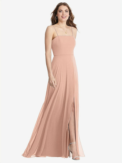 【STYLE: LB012】Square Neck Chiffon Maxi Dress with Front Slit - Elliott【COLOR: Pale Peach】