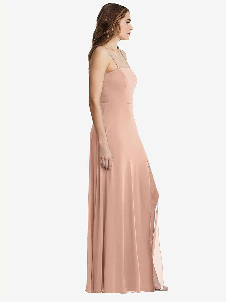 【STYLE: LB012】Square Neck Chiffon Maxi Dress with Front Slit - Elliott【COLOR: Pale Peach】