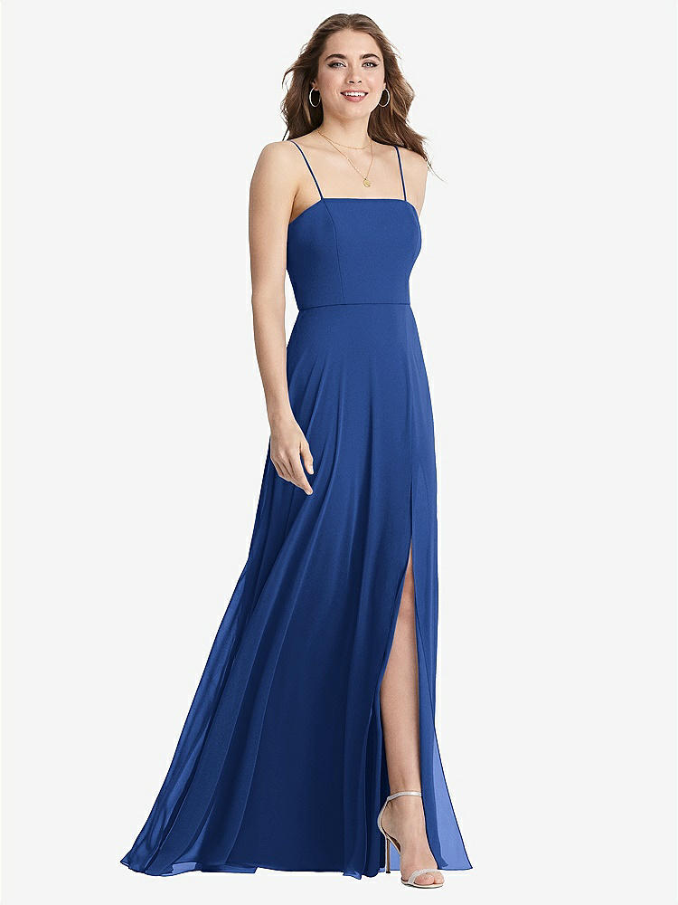 【STYLE: LB012】Square Neck Chiffon Maxi Dress with Front Slit - Elliott【COLOR: Classic Blue】