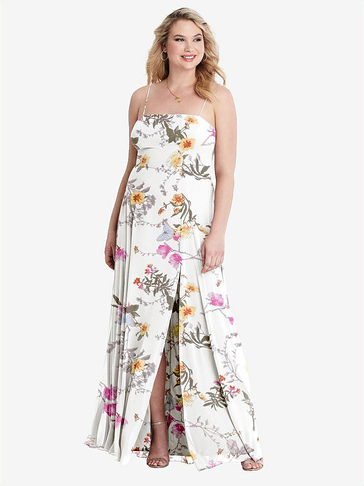 【STYLE: LB012】Square Neck Chiffon Maxi Dress with Front Slit - Elliott【COLOR: Butterfly Botanica Ivory】
