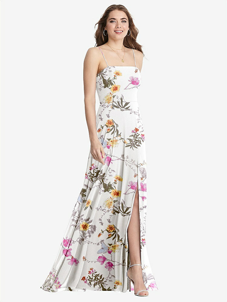 【STYLE: LB012】Square Neck Chiffon Maxi Dress with Front Slit - Elliott【COLOR: Butterfly Botanica Ivory】