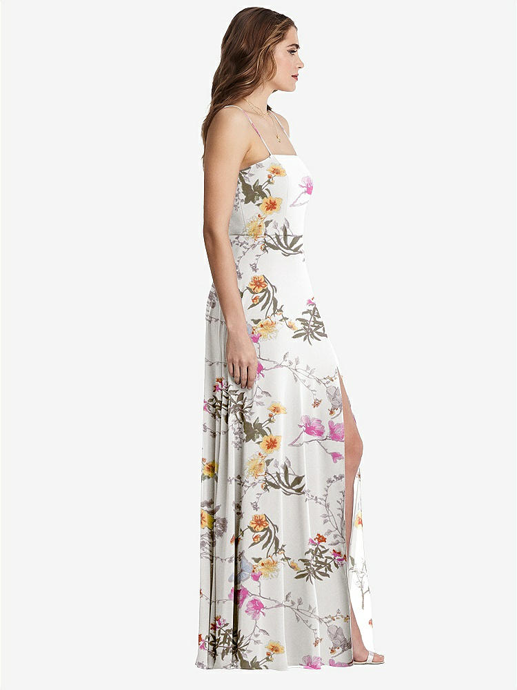 【STYLE: LB012】Square Neck Chiffon Maxi Dress with Front Slit - Elliott【COLOR: Butterfly Botanica Ivory】