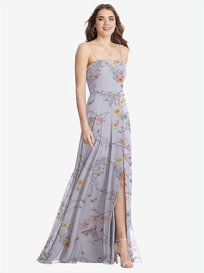 【STYLE: LB012】Square Neck Chiffon Maxi Dress with Front Slit - Elliott【COLOR: Butterfly Botanica Silver Dove】