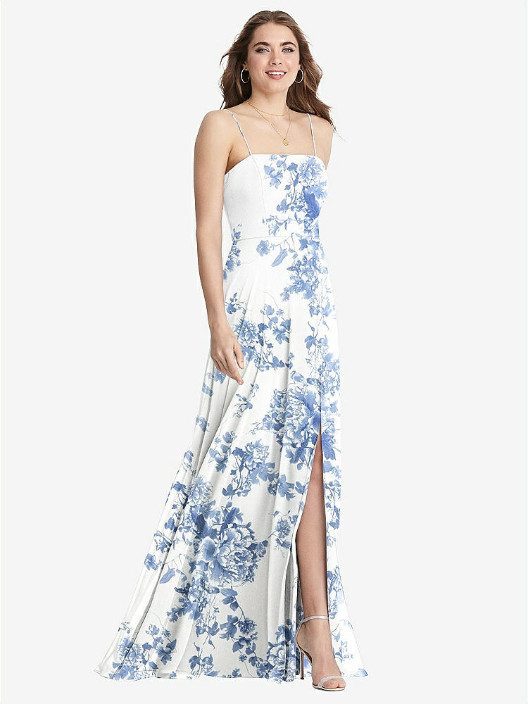 【STYLE: LB012】Square Neck Chiffon Maxi Dress with Front Slit - Elliott【COLOR: Cottage Rose Dusk Blue】