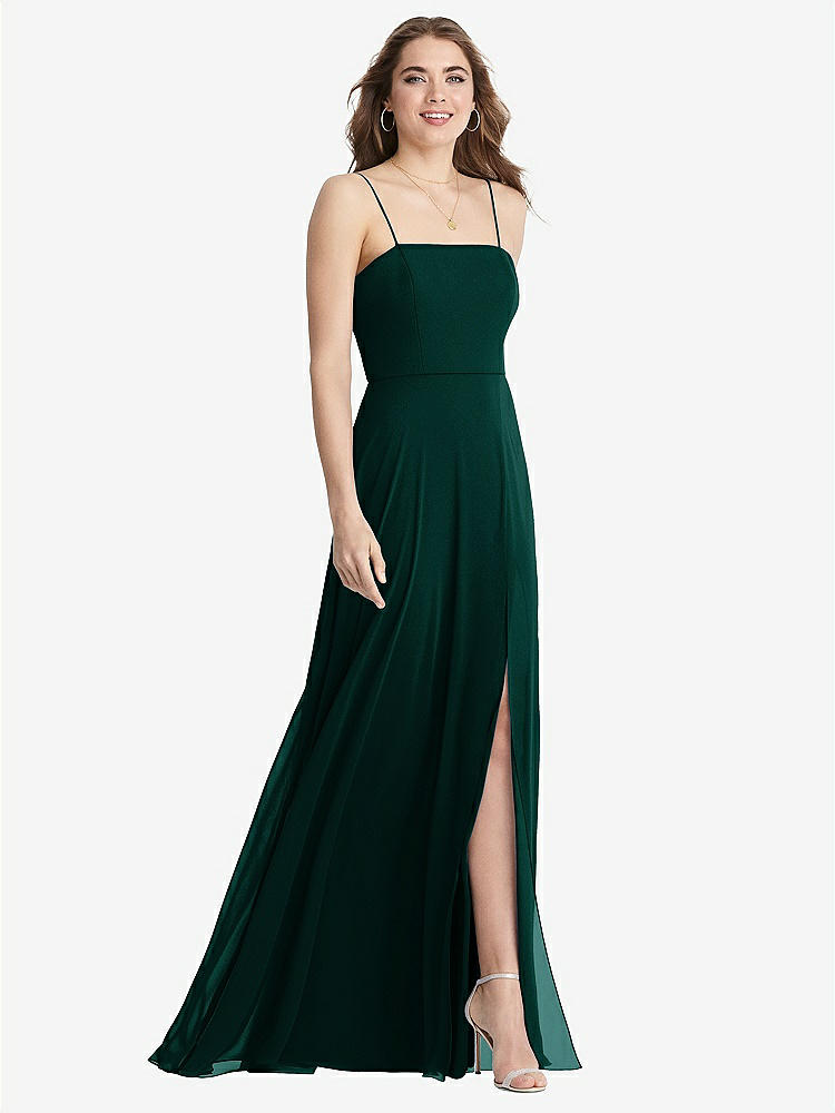 【STYLE: LB012】Square Neck Chiffon Maxi Dress with Front Slit - Elliott【COLOR: Evergreen】