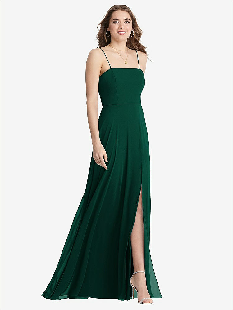 【STYLE: LB012】Square Neck Chiffon Maxi Dress with Front Slit - Elliott【COLOR: Hunter Green】