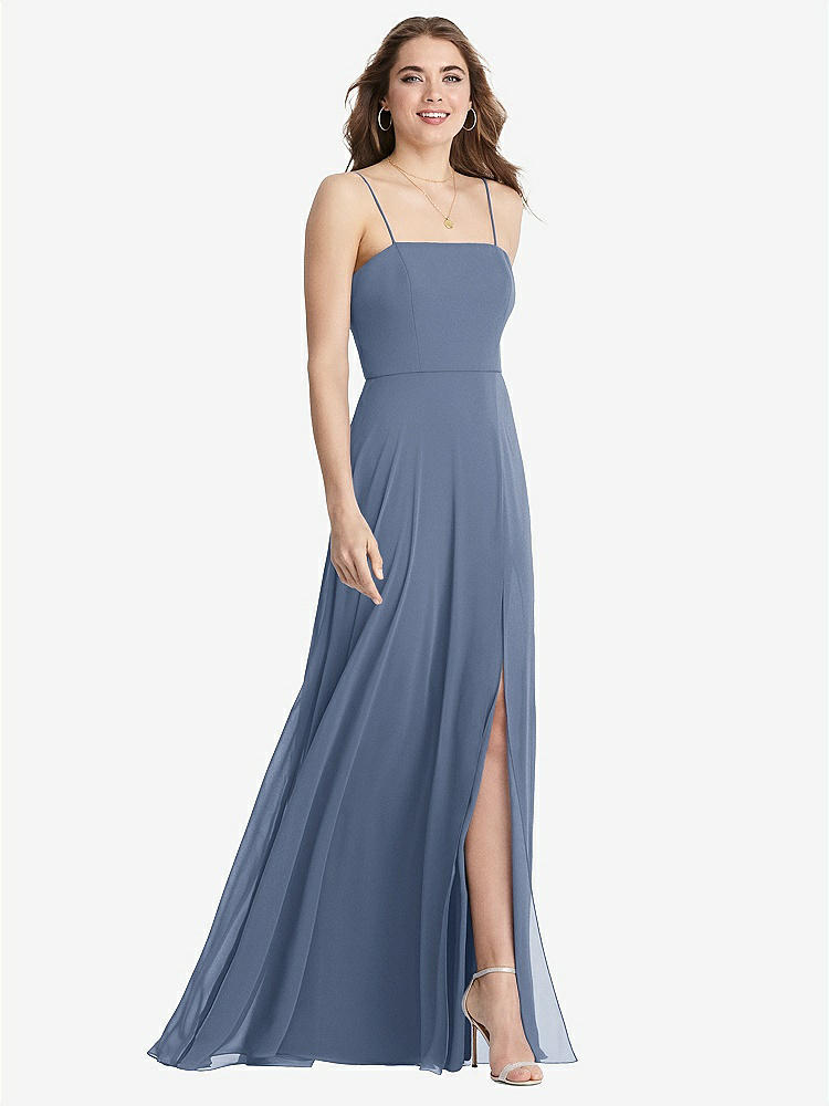【STYLE: LB012】Square Neck Chiffon Maxi Dress with Front Slit - Elliott【COLOR: Larkspur Blue】