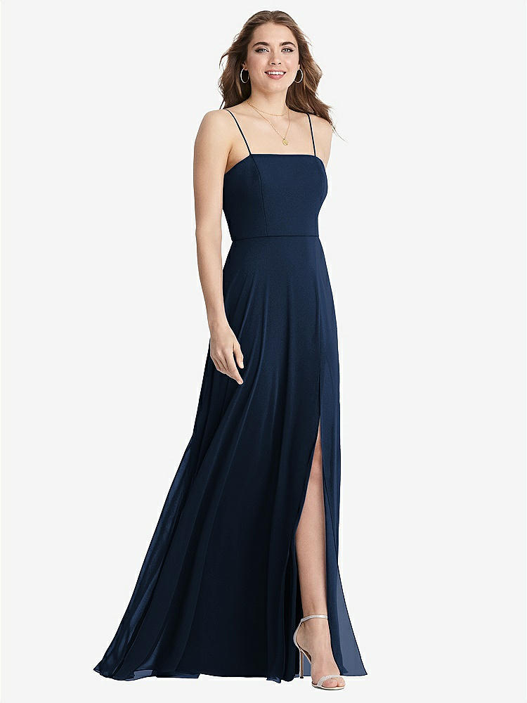 【STYLE: LB012】Square Neck Chiffon Maxi Dress with Front Slit - Elliott【COLOR: Midnight Navy】