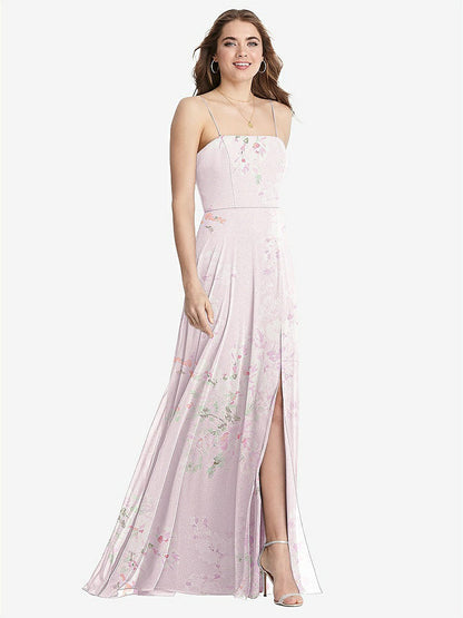 【STYLE: LB012】Square Neck Chiffon Maxi Dress with Front Slit - Elliott【COLOR: Watercolor Print】