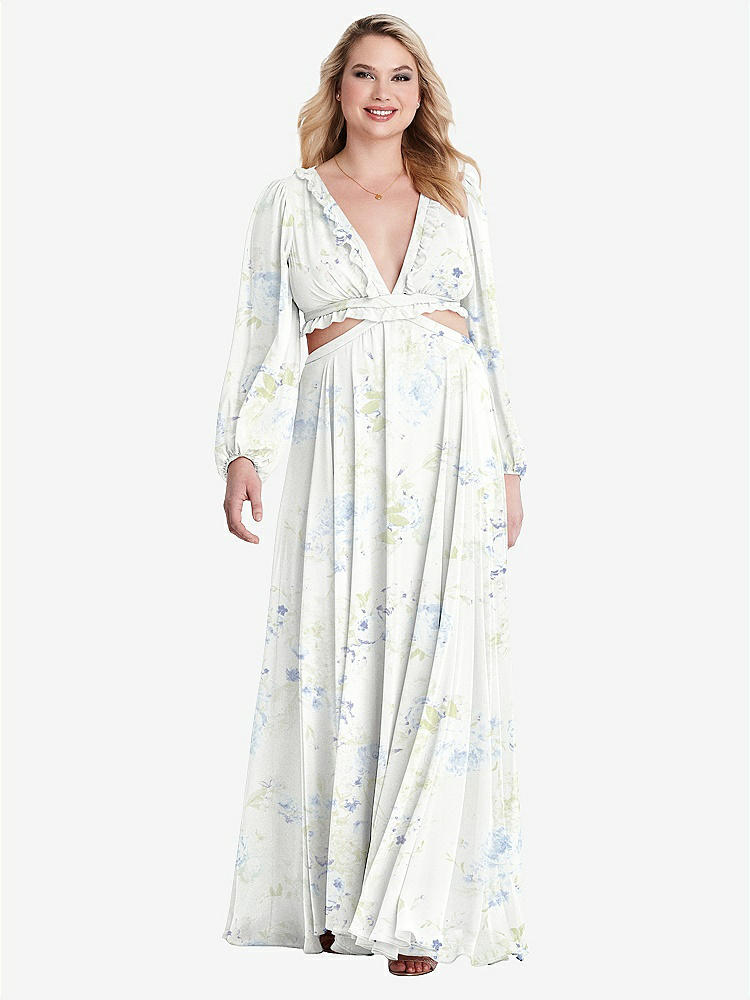 【STYLE: LB015】Bishop Sleeve Ruffled Chiffon Cutout Maxi Dress - Harlow 【COLOR: Bleu Garden】