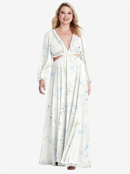 【STYLE: LB015】Bishop Sleeve Ruffled Chiffon Cutout Maxi Dress - Harlow 【COLOR: Bleu Garden】